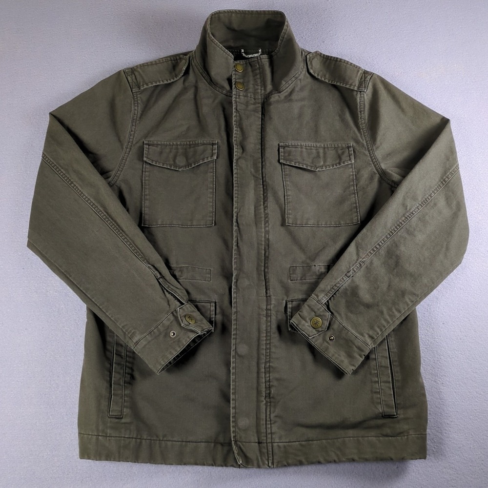 Roark Revival Chore Jacket Mens Large Olive Drab Field Coat Zip Snap Up Military